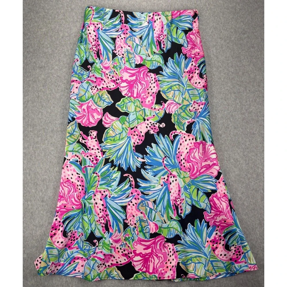 Lilly Pulitzer Black Tropical Leopard Print Elastic Waist Midi Skirt Sz 6 - Picture 1 of 7